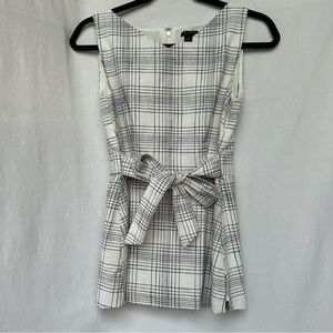 Ann Taylor White & Black Plaid Tie Waist Work Shirt